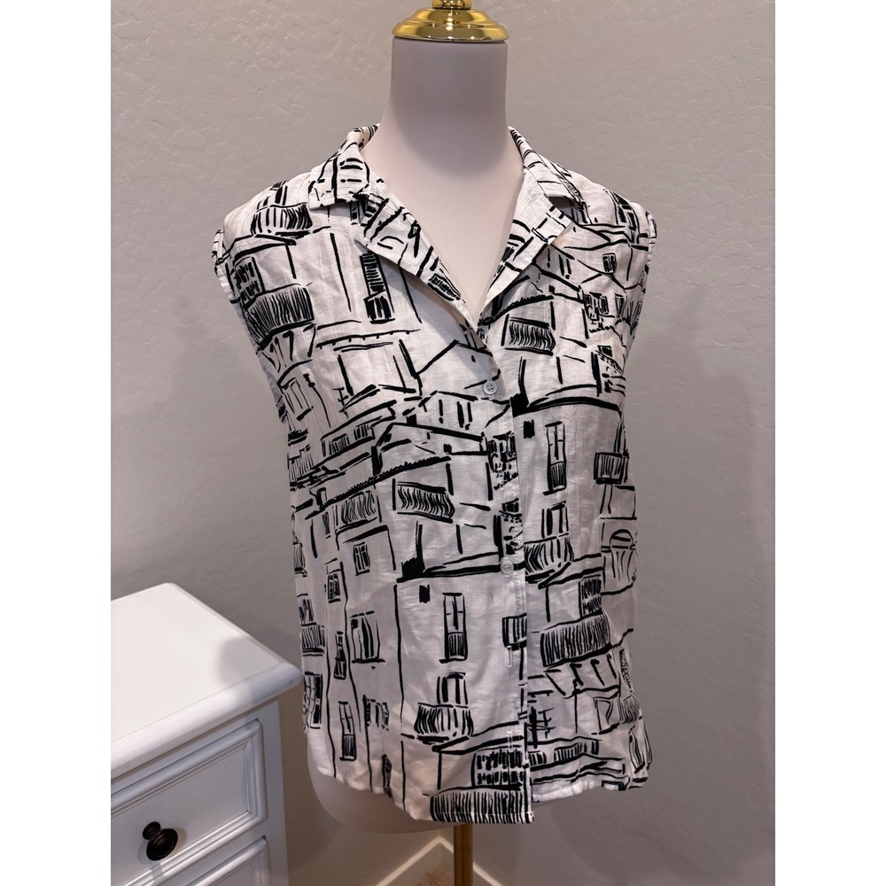Bella Dahl Sketch Print Sleeveless Button Down Blouse White Black XS Cityscape